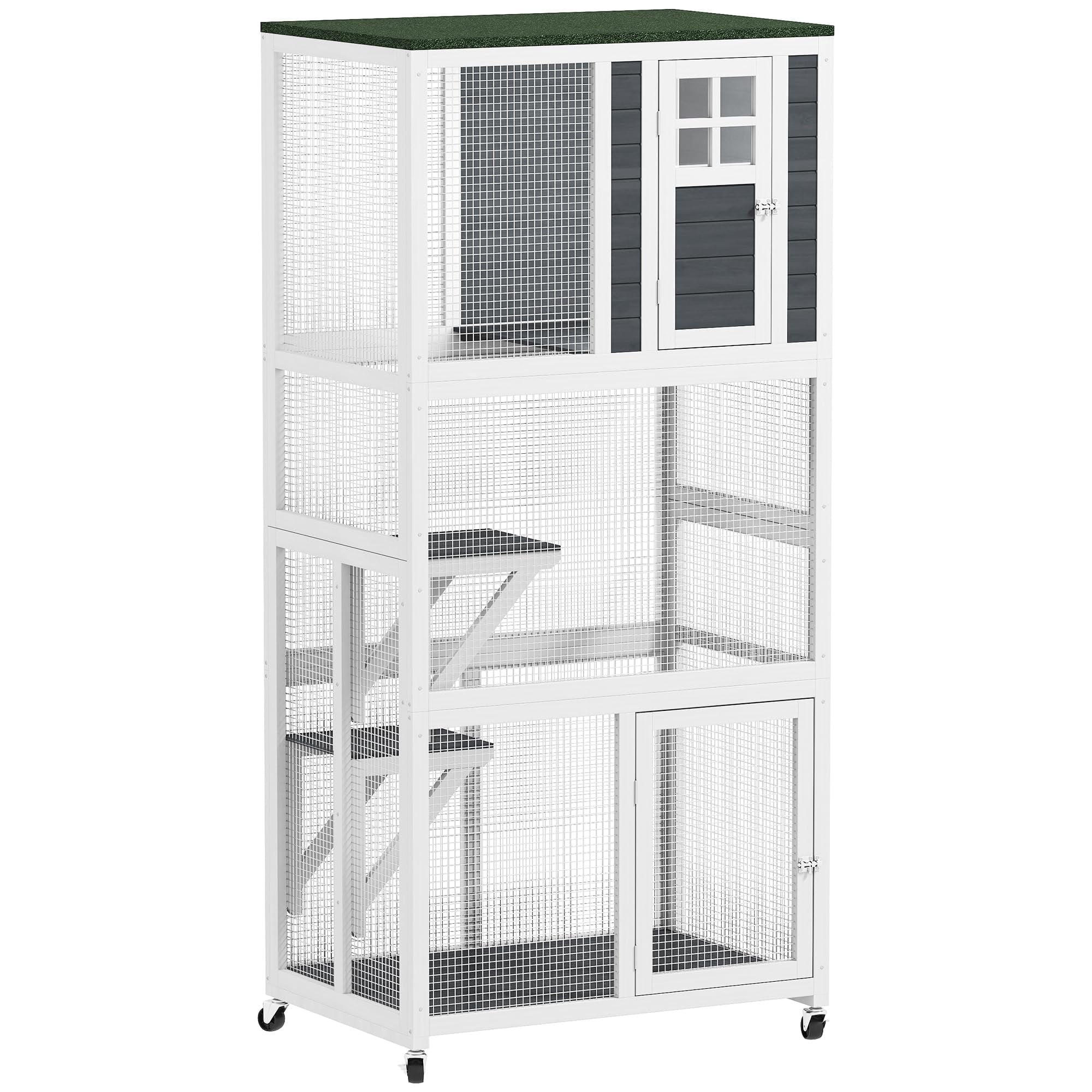 Wooden Catio Outdoor Cat Enclosure with Wheels Weatherproof Large Cat House for Outside Play High Weight Capacity Dark Gray