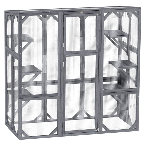 Wooden Catio Outdoor Enclosure - 6 Platforms, Sun Roof - for 1-3 Cats - 59" x 28" x 60", Gray