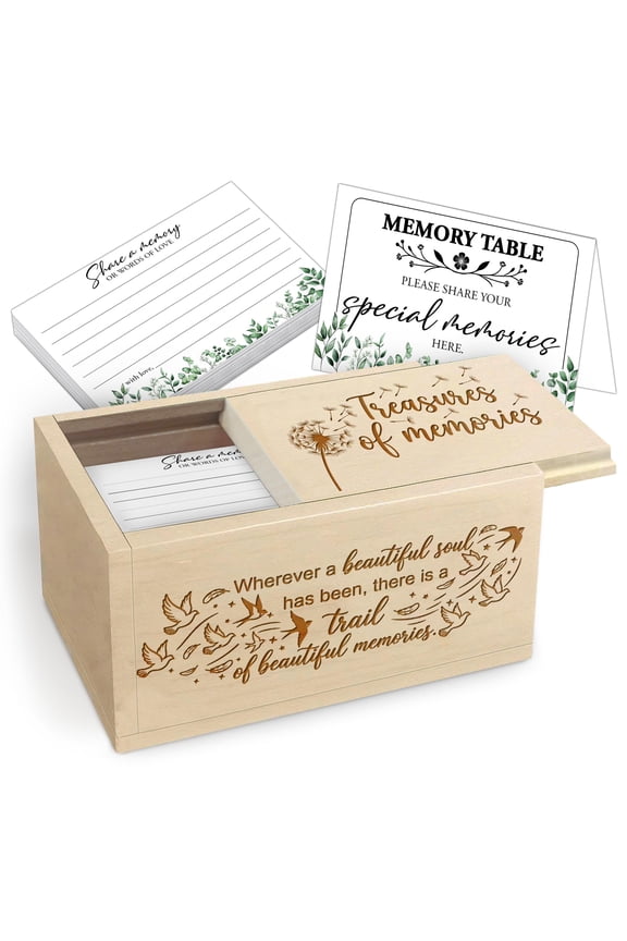 Wooden Celebration of Life Memory Box with Engraved Remembrance Quote – Memorial Keepsake Box with 120 Cards and Sign