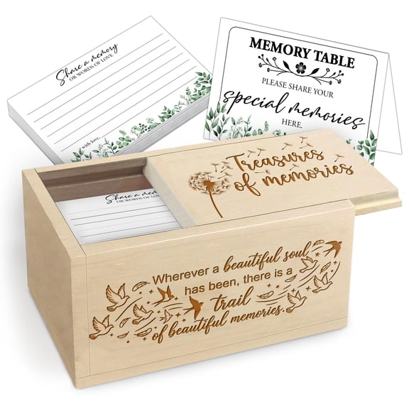 Wooden Celebration of Life Memory Box with Engraved Remembrance Quote – Memorial Keepsake Box with 120 Cards and Sign