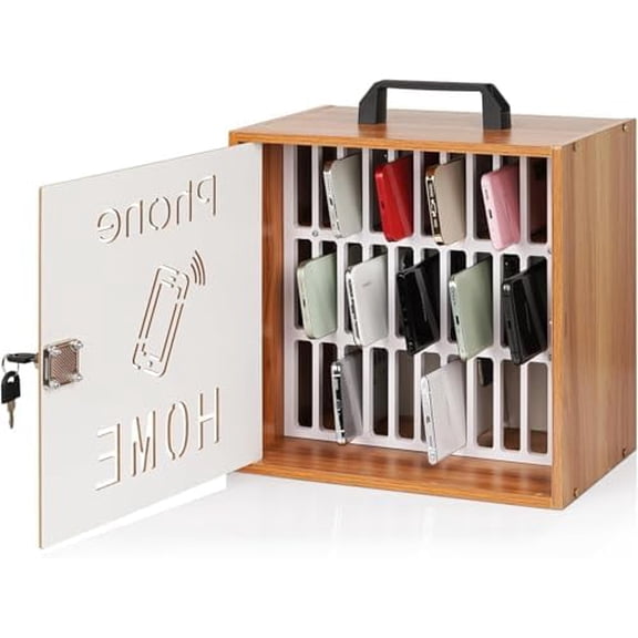 Wooden Cell Phone Holder with Lock, 33-Slot Desk Phone Holder Storage Cabinet with Handle, Secure Wood Cabinet Desk Organizer for Classroom, Office, Conference Room & Electronics Storage$$Furniture