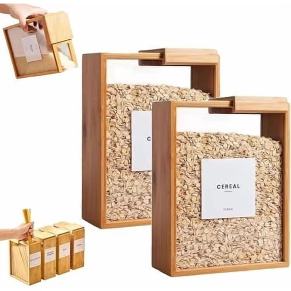 Wooden Cereal Storage Box, 2026 New Airtight Pantry Bins Container with Lids, Upgrade Home Organization, Can Bamboo Rice Dispenser with Removable Lids for Rice, Snack & Flour