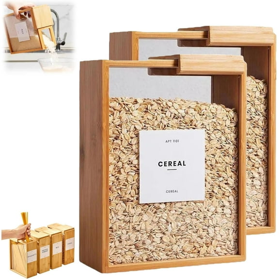 Wooden Cereal Storage Box, Airtight Pantry Bins Container with Lids, Dry Food Dispenser 101oz, for Kitchen Organization Cereal, Sugar, Nut, Coffee Bean, Tea, Pasta, Flour, Nuts, Oat, (2pcs)