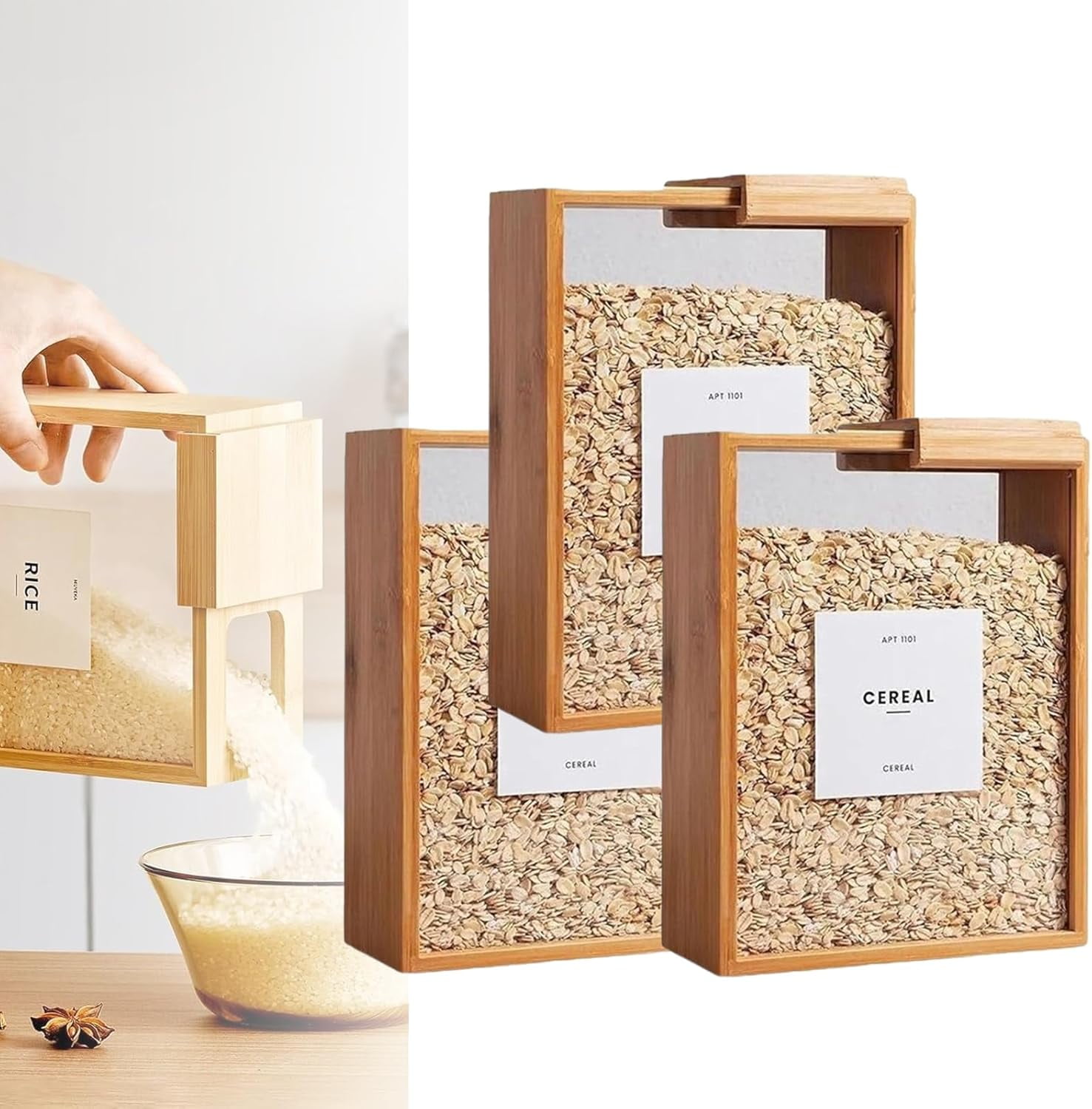 Wooden Cereal Storage Box, Airtight Pantry Bins Container with Lids, Dry Food Dispenser Large Capacity 101oz, for Kitchen, Square Pantry Organization with Labels for Sugar, Nut, Coffee Bean, Tea (2)