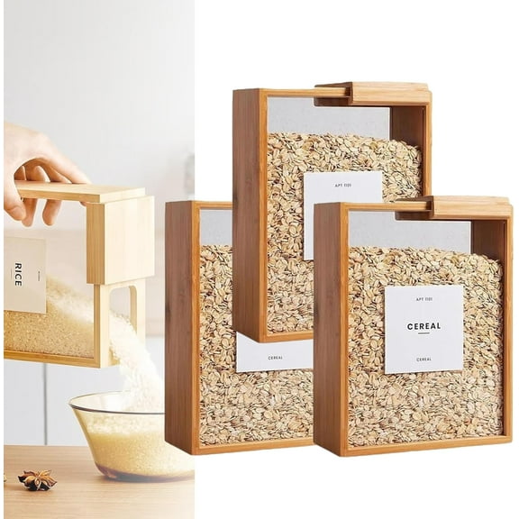Wooden Cereal Storage Box, Airtight Pantry Bins Container with Lids, Dry Food Dispenser Large Capacity 101oz, for Kitchen, Square Pantry Organization with Labels for Sugar, Nut, Coffee Bean, Tea (3)