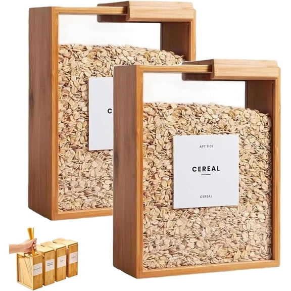 Wooden Cereal Storage Box, Bamboo Rice Dispenser with Removable Lids, Airtight Pantry Bins Container with Lids, Home Organization Can for Snack, Rice, Flour