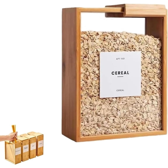 Wooden Cereal Storage Box, Bamboo Rice Dispenser with Removable Lids, Airtight Pantry Bins Container with Lids, Home Organization Can for Snack, Rice, Flour