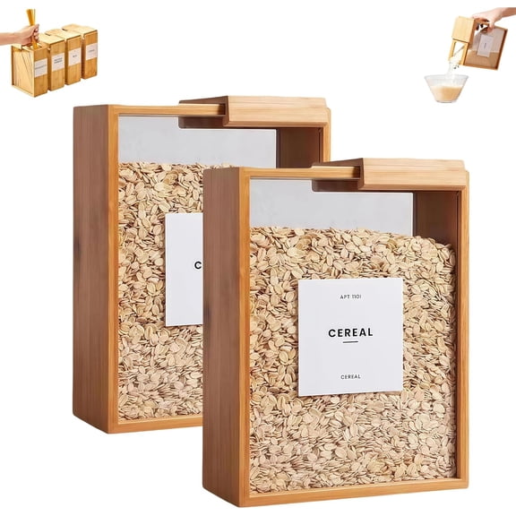 Wooden Cereal Storage Box, Clear Food Storage Box with Lid, Dry Food Dispenser Large Capacity, for Kitchen Organization Cereal, Sugar, Nut, Coffee Bean, Tea, Pasta, Flour, Nuts, Oat(2 Pcs)