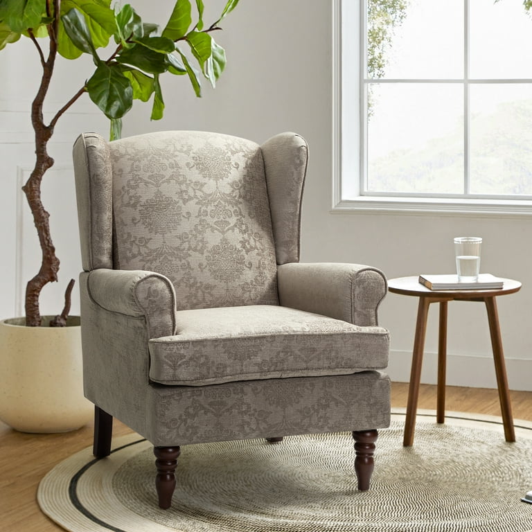 Wooden Chair Upholstered Armchair Wingback and Turned Legs Lounge Single Sofa Soft Foam Home Living Room Bedroom Brocade