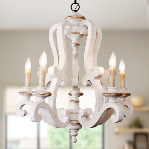Wooden Chandelier 5 Lights Pendant Light with Adjustable Chain Farmhouse Lighting for Living Room