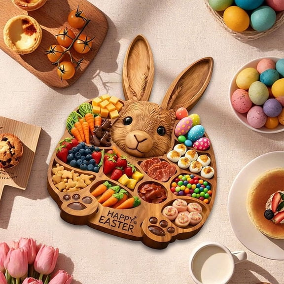 Wooden Charcuterie Board, Rabbit-Shaped Serving Tray with Divided Compartments, Easter Bunny Platter for Cheese Snacks (Wood)