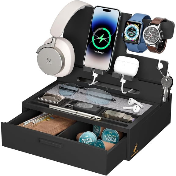 Wooden Charging Station, Bedside Nightstand Tray, with Spacious Drawer, Felt Pads for Phones, Watch, Idea Gifts for Him Birthday, Son, Christmas for Papa Fathers Day