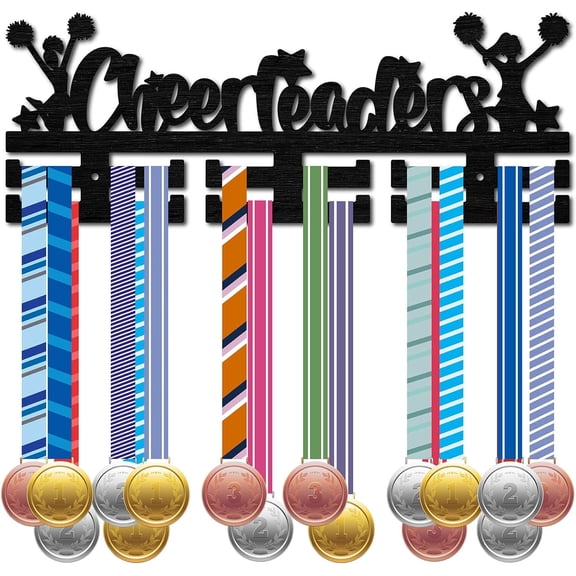 Wooden Cheerleader Medal Holder Sport Medal Hanger Display Medal Rack Wall Rack Mounted over 30 Medals Awards Ribbon Stand for Soccer Competition Athletes Medalist Black 15.7x5.9Inch Black 1set