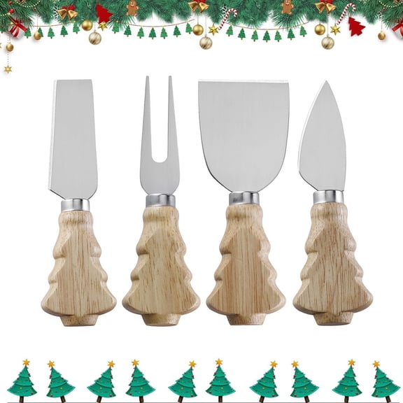Wooden Cheese Set,Christmas Tree Handle Butter For Cheese Kit,Cheese Spreader Charcuterie Board Accessories (4, )