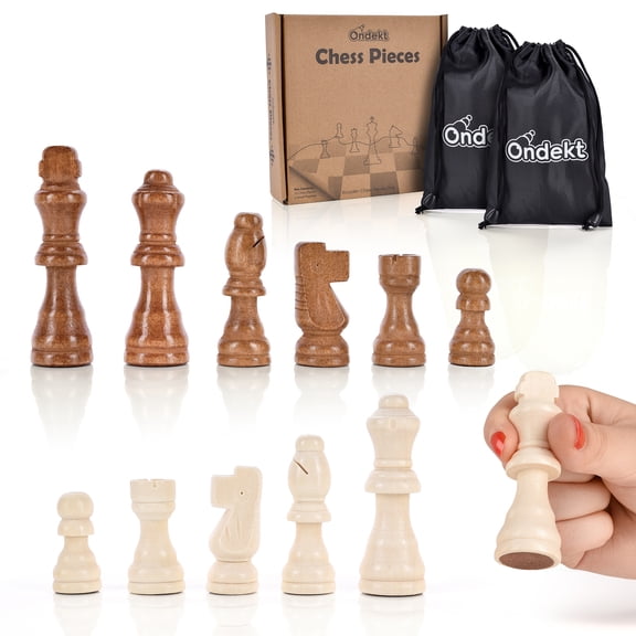 Wooden Chess Pieces Only – 32 Pieces Staunton Style Handcrafted Wood Chessmen with 2 Pouch Bags for Ease of Storage, 3” King – Gift Packaging – Luxurious Felt Bottom