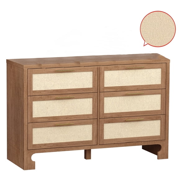 Wooden Chest of Drawers with 6 Drawers, Burlap Design Wood Drawer Dresser Storage Cabinet
