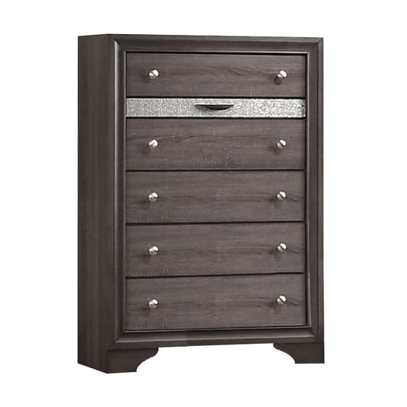 Wooden Chest with 5 Drawers and Hidden Jewelry Drawer, Gray and Silver