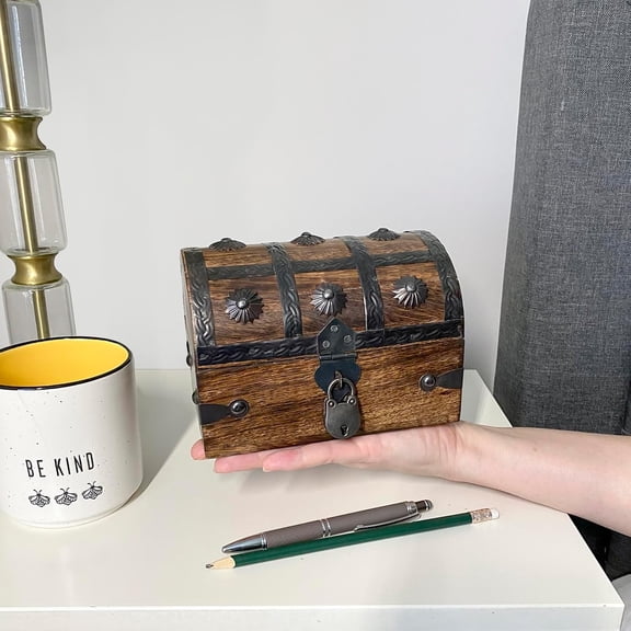 Wooden Chest with Antique Jewelry Lock - Medium Size Decorative Box, Pirate Themed Storage Chest