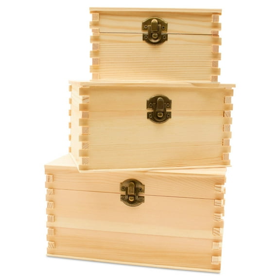 Wooden Chests with Hinged Lids, 2 Sets of 3 Unfinished Wood Decorative Boxes for Gifts and Crafts, by Woodpeckers