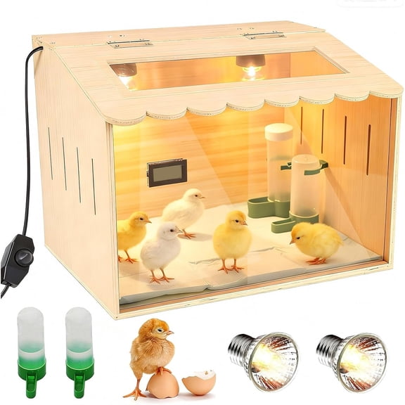 Wooden Chick Brooder Box Kit with Adjustable Heater & Thermometer, Poultry Hatching Enclosure with 10 Pads, Feeder, Waterer - Brooder Heater for Chicken, Quail, Ducklings
