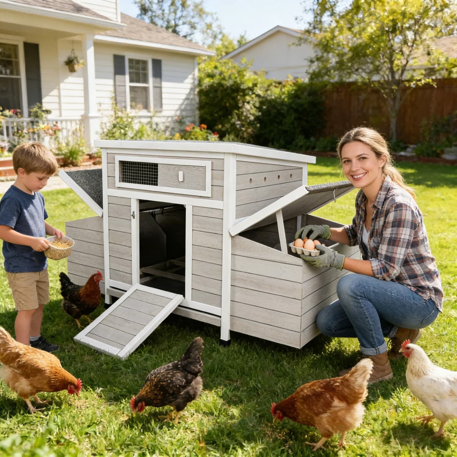 Wooden Chicken Coop with 2 Sides Nesting Boxes, Outdoor Weatherproof Hen House Poultry Cage, Ventilated Predator-Proof Chicken Hutch with Secure Latches for Backyard Farm
