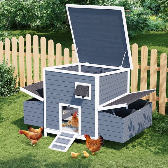 Wooden Chicken Coop, Large Nesting Boxes for 4-6 Chickens with 2 Sides Nesting Boxes, No-Slip Ramp & Pull-Out Tray, Easy Clean and Removable Tray for Outdoor Farm Yard