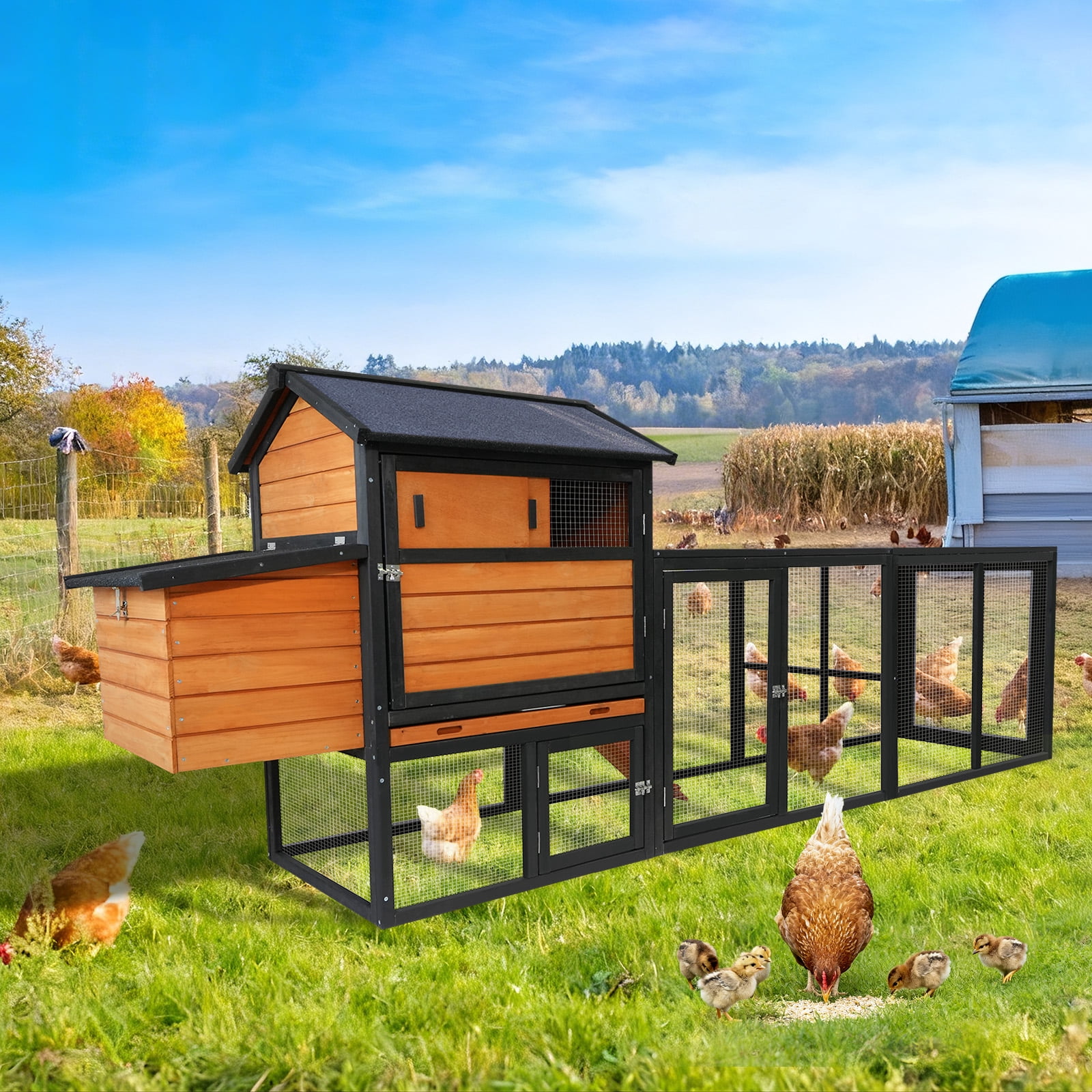 Wooden Chicken Coop, Large Outdoor Hen House with Run & Nesting Box, Fir Wood Poultry Cage Rabbit Hutch, Waterproof Anti-UV Roof for Backyard