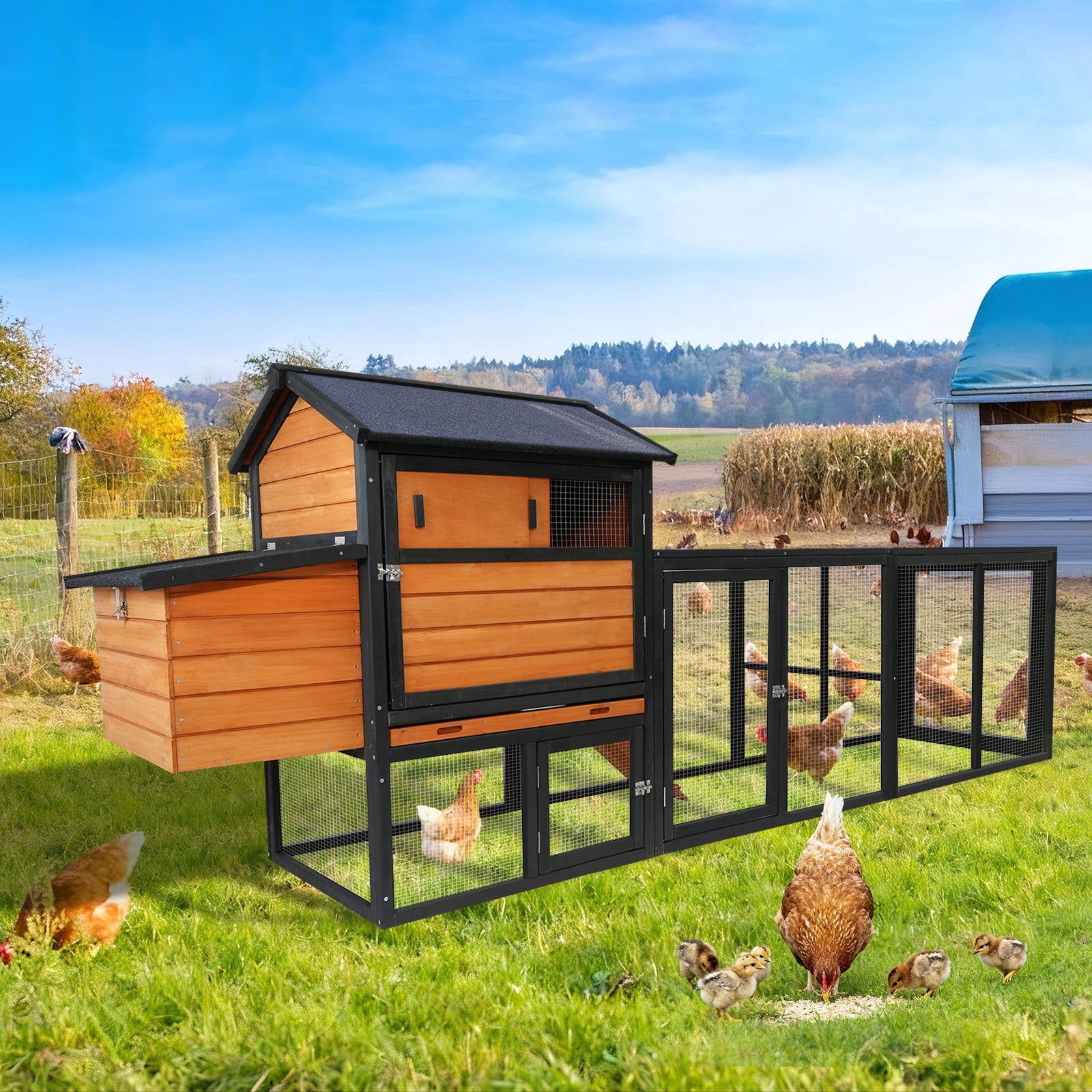 Wooden Chicken Coop, Large Outdoor Hen House with Run and Nesting Box Poultry Cage, Rabbit Hutch, Waterproof Anti-UV Panel for Backyard Black