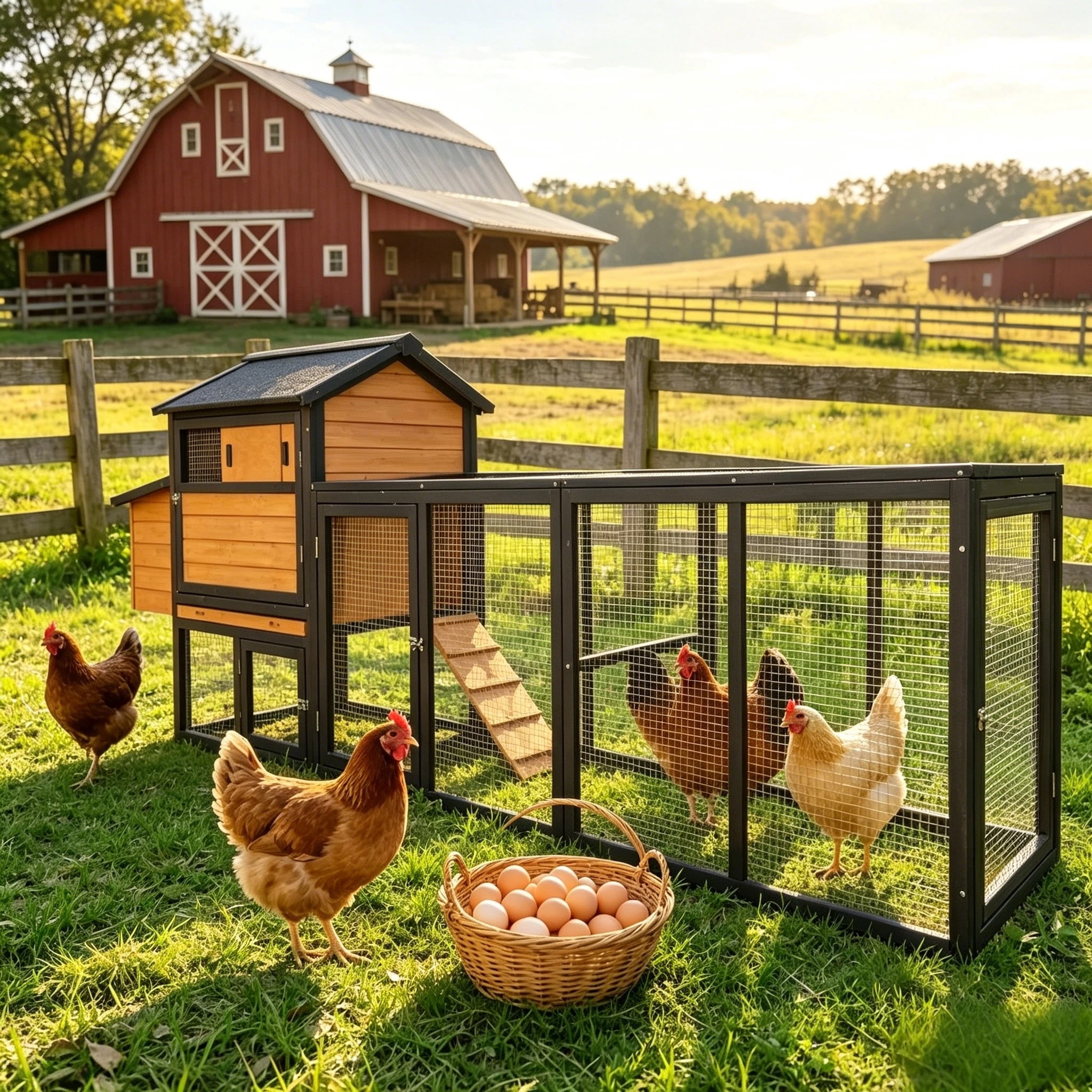 Wooden Chicken Coop, Large Outdoor Hen House with Run and Nesting Box Poultry Cage, Rabbit Hutch, Waterproof Anti-UV Panel for Backyard, Brown Black