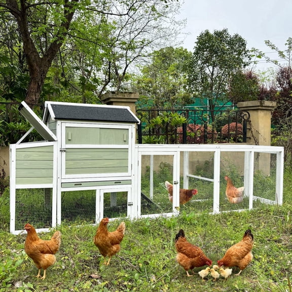 Wooden Chicken Coop, Large Outdoor Hen House with Run and Nesting Box Poultry Cage, Rabbit Hutch, Waterproof Anti-UV Panel for Backyard Grey Green