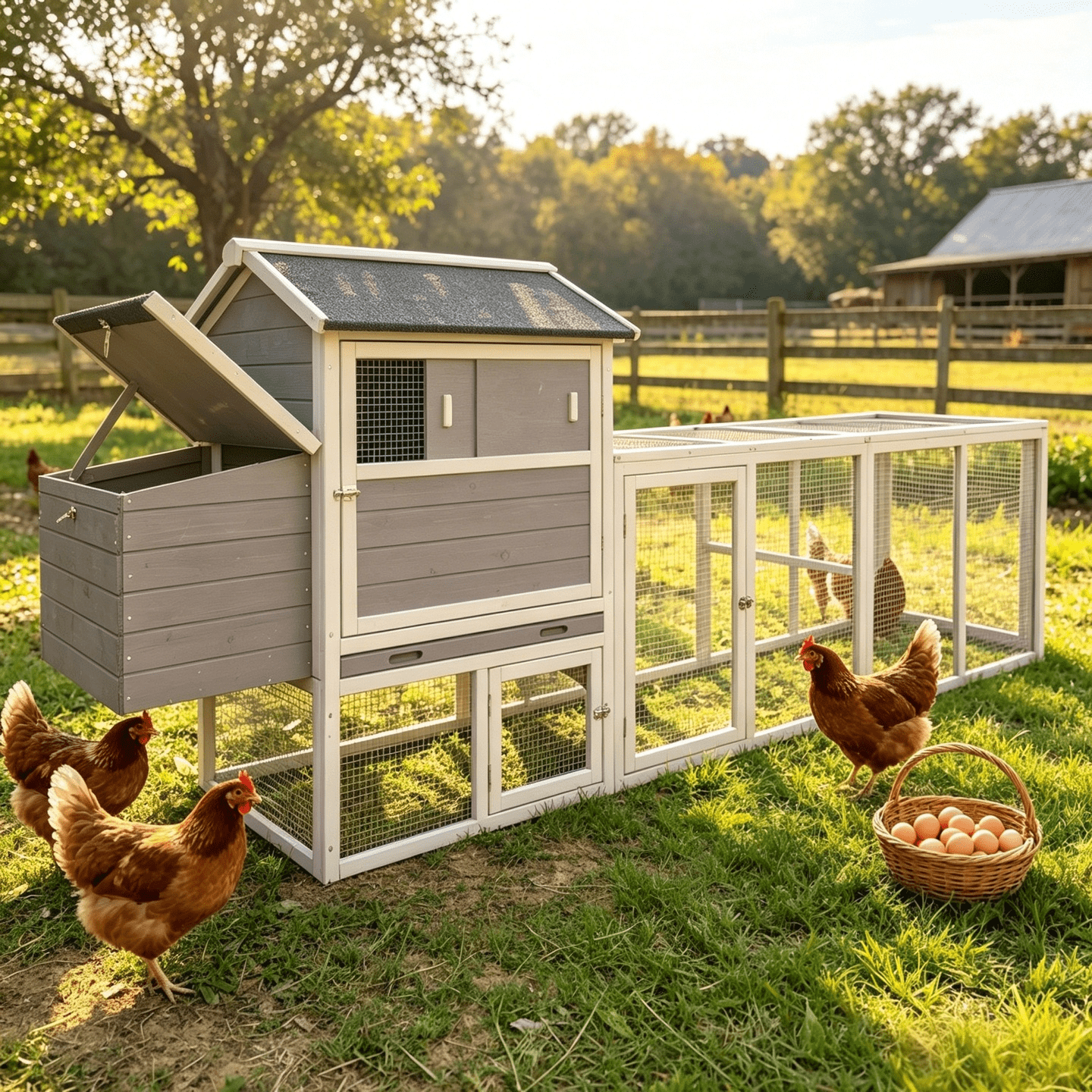 Wooden Chicken Coop, Large Outdoor Hen House with Run and Nesting Box Poultry Cage, Rabbit Hutch, Waterproof Anti-UV Panel for Backyard, Gray