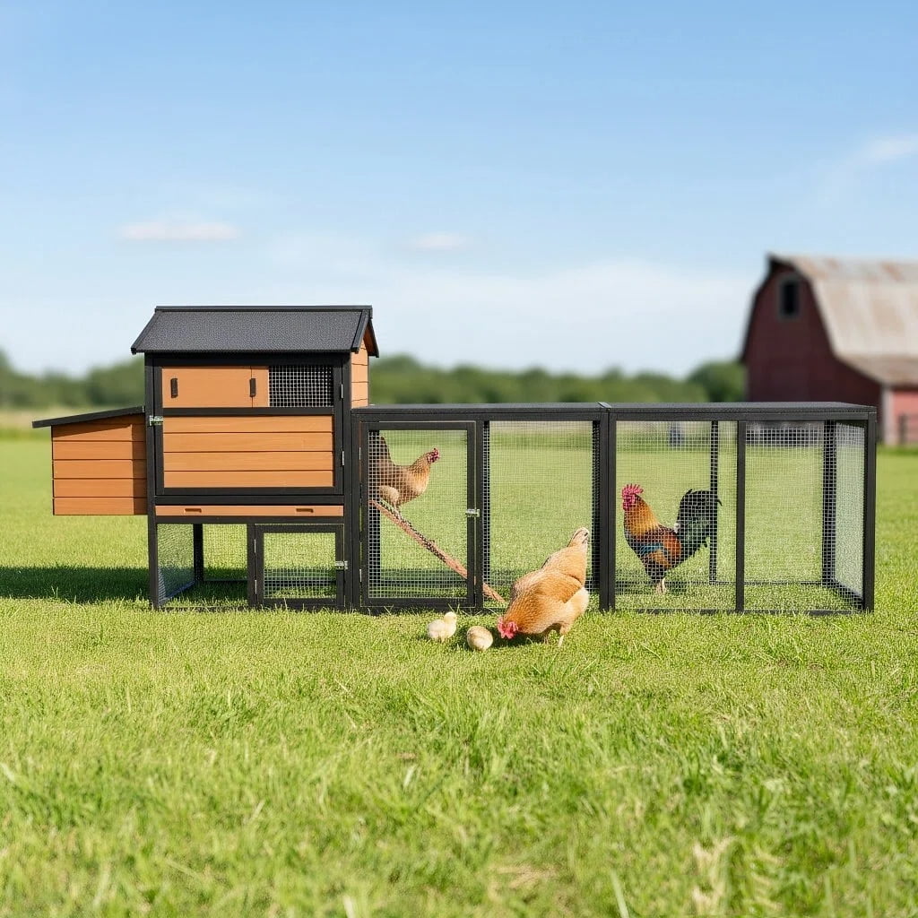Wooden Chicken Coop, Large Outdoor Hen House with Run and Nesting Box Poultry Cage, Rabbit Hutch, Waterproof Anti-UV Panel for Backyard
