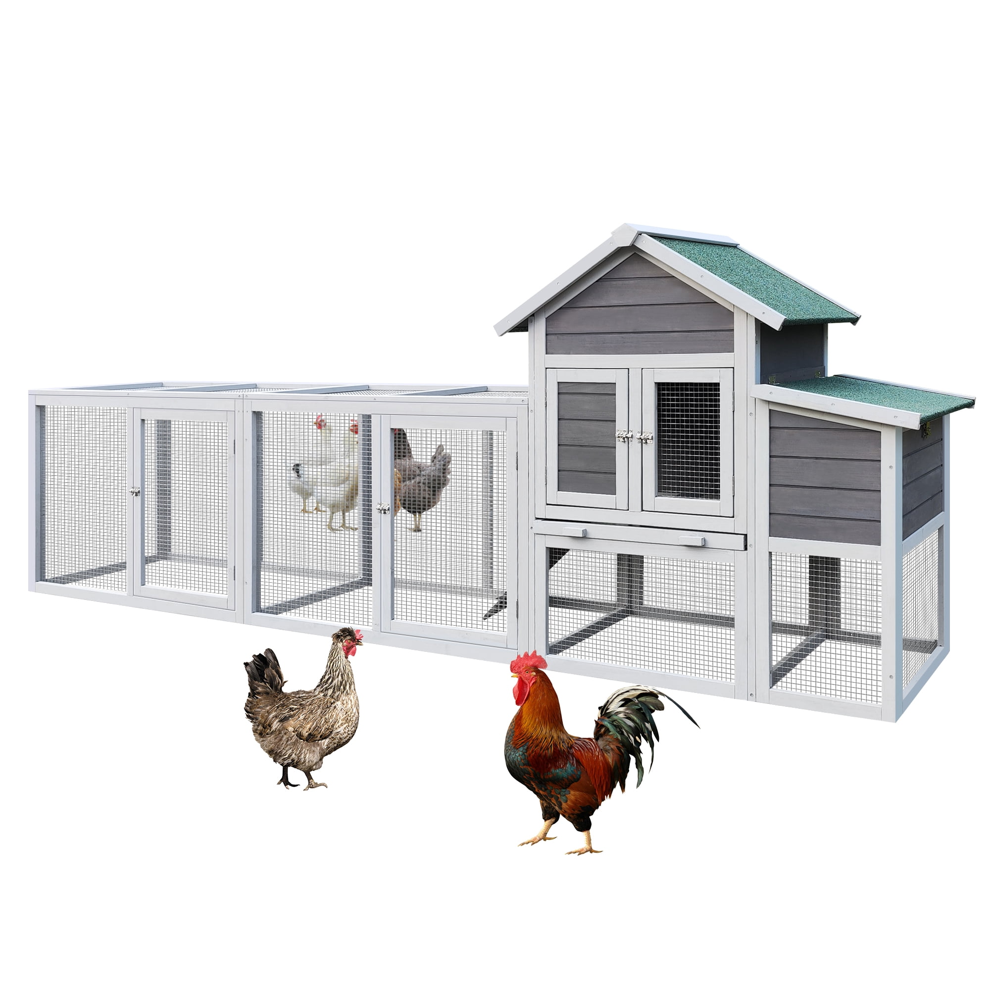 Wooden Chicken Coop Outdoor Hen House with Run, Waterproof Roof & Nesting Box, Rabbit Duck Poultry Cage with Perch, Sliding Tray, and Secure Locks