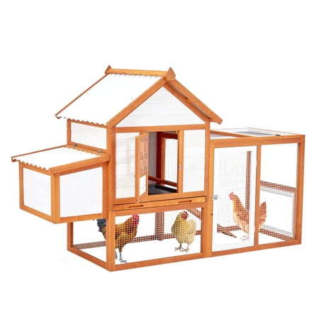 Wooden Chicken Coop Outdoor with Run, Large Hen House for 5-8 Chickens, Poultry Cage with Ramps, Nesting Box, 5 Access Areas, Wire Fence, Removable Bottom