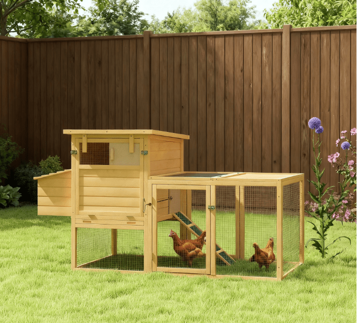 Wooden Chicken Coop with Nesting Box, Removable Tray, Ramp Run, Natural Wood