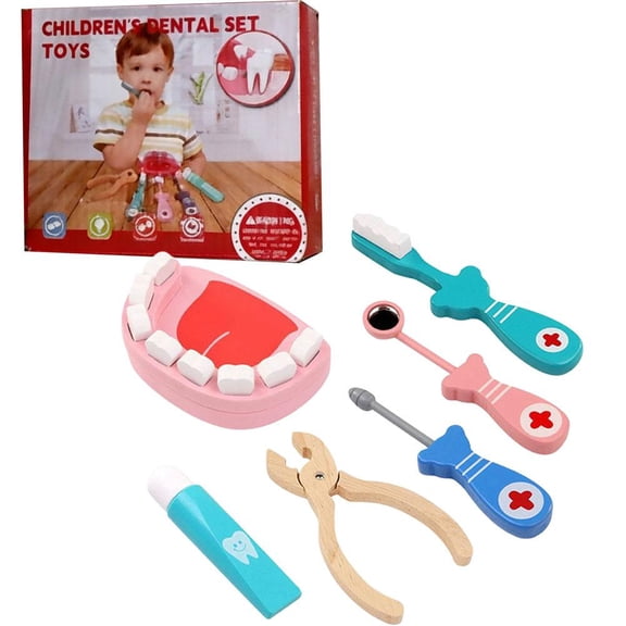 Wooden Childrens Pretend Doctor Game Toys Simulation Dentist Check Brush Teeth Accessories Decor Medicine Interior Car Set