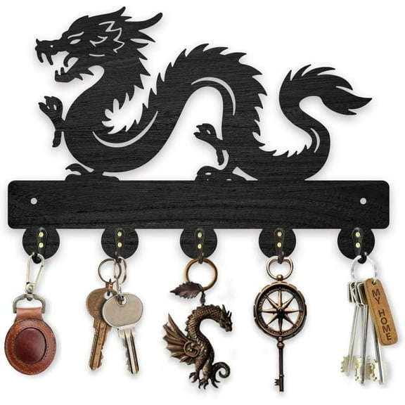 Wooden Chinese Loong Key Hook Dragon Pattern Coat Rack Wall Mount 11.8 x 7.8 inches Animal Theme Key Coat Black Art Hat Hook with 5 Alloy Hooks for Entryway Bedroom Living Room