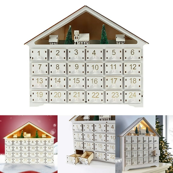 Wooden Christmas Advent Calendar 2024 Featuring LED Lights and Christmas Tree Design with 24 Storage Drawers for Countdown Celebration