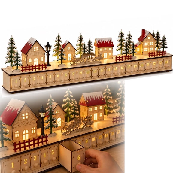 Wooden Christmas Advent Calendar With 24 Fillable Drawers, Light-Up LED Village Countdown Calendar, Reusable Holiday Decor For Family Tabletop Mantel (13.8in)