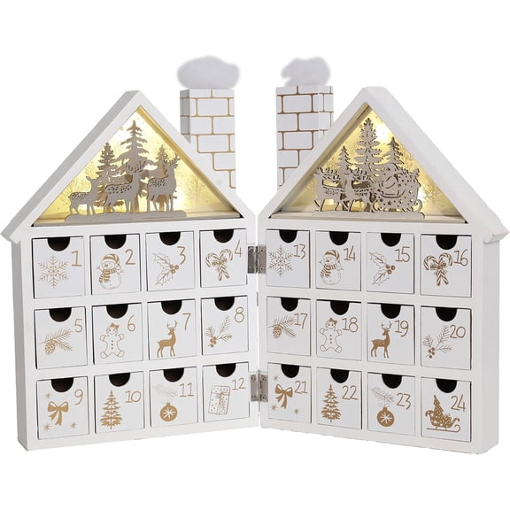 Wooden Christmas Advent Calendar House with 24 Drawers and Led Lights Countdown Calendars for Christmas Decoration 2023, Candy Box (White Forest)