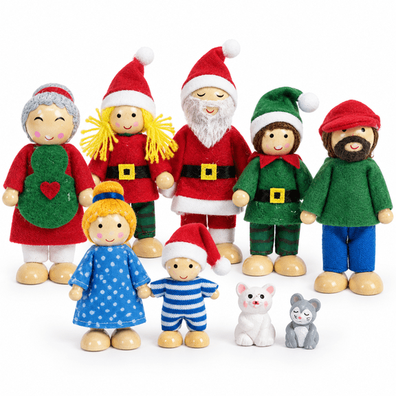 Wooden Christmas Bendy Doll Family Set, 9 Pcs Poseable Figures