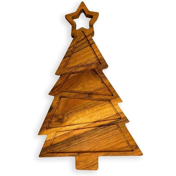 Wooden Christmas Board for Kitchen Decor, 11"L x 9.75"W Tree Shaped Acacia Chopping Board with Handle & Grooves, Serving Charcuterie Platter