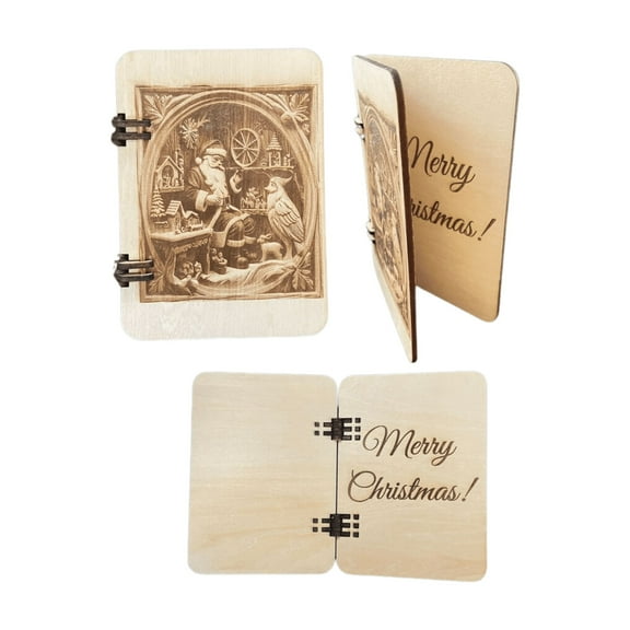 Wooden Christmas Card with Hinges, Santa Workshop Design, 4x6 inches