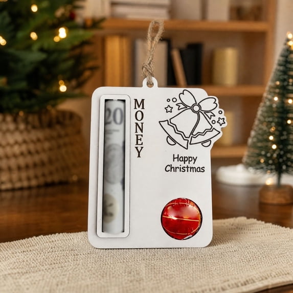 Wooden Christmas Cash Ornament,3.2in Money Tree Hanging Decor For Rolled Up Bill Xmas Gift For Family(1Pcs,White Bell)
