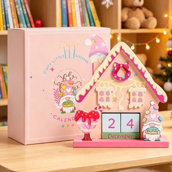 Wooden Christmas Countdown Calendar, Sweet House Style Date Blocks With Gift Box, Reusable Tabletop Holiday Ornament for Home Office Shelf Mantel Party Seasonal Display