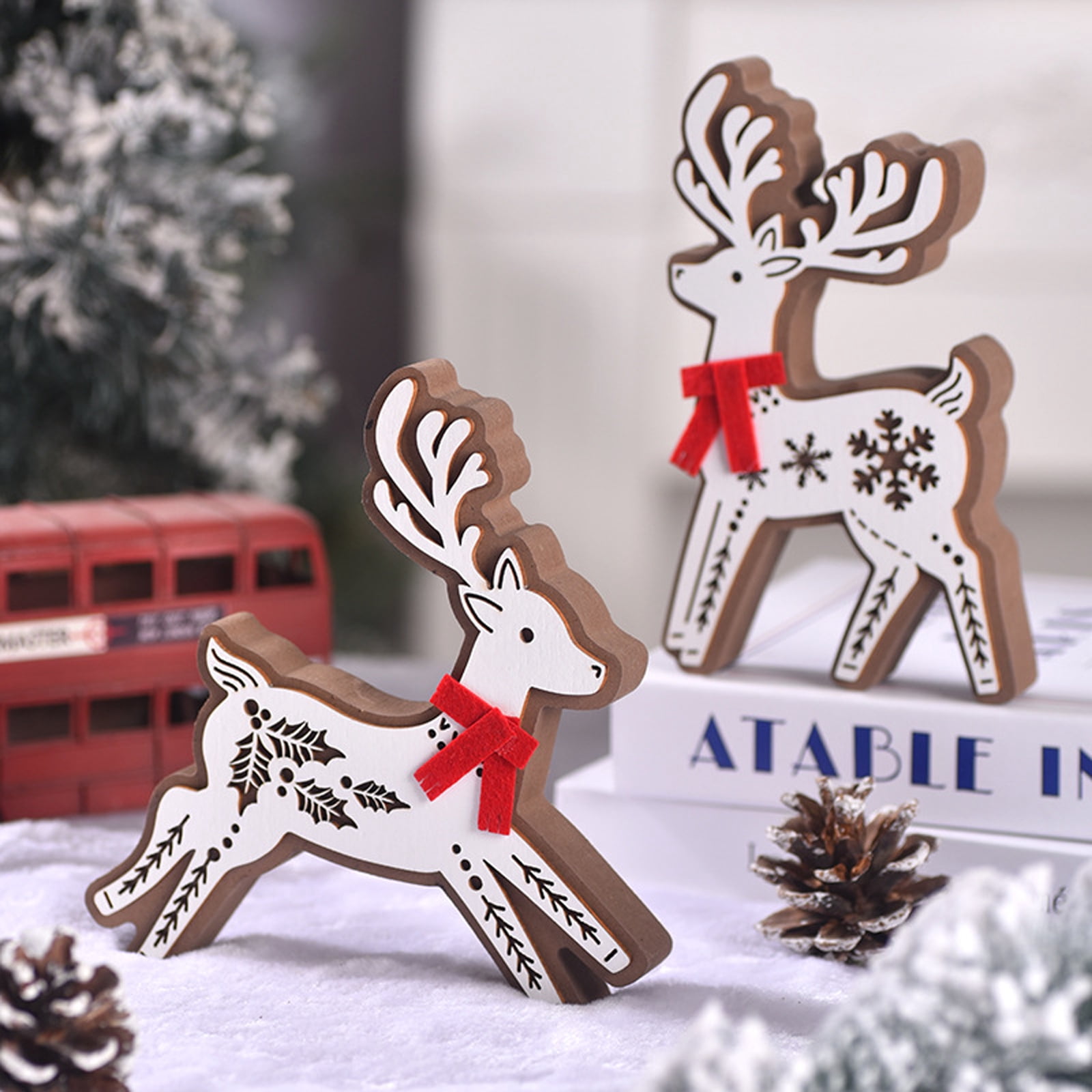 Wooden Christmas Deer & Elk Ornaments Set - Rustic Farmhouse Desktop ...