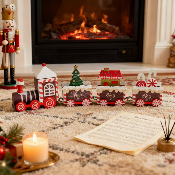 Wooden Christmas Desk Decor Set with Train Figurines - Holiday Ornament for Home, Office, and Bookshelf