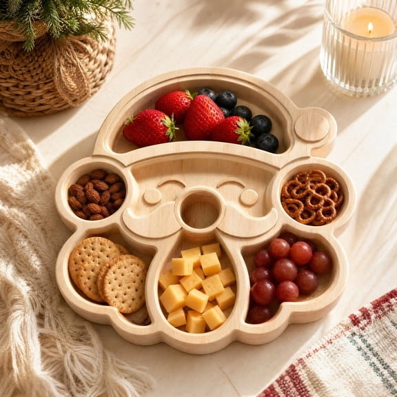 Wooden Christmas Divided Serving Tray, Handcraft Xmas Styled Food Tray, Winter Holiday Snack Platter, Festive Serving Platter for Desserts, Candy, Nuts, Cookies,B