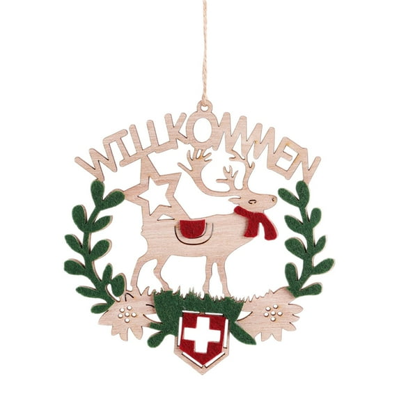 Wooden Christmas Door Hanging Ornament – Round Sign with Santa, Reindeer & Snowman – Rustic Holiday Decor for Tree, Wall, Window, Gift Tag