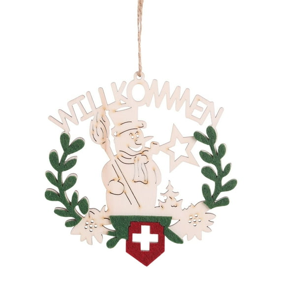 Wooden Christmas Door Hanging Ornament – Round Sign with Santa, Reindeer & Snowman – Rustic Holiday Decor for Tree, Wall, Window, Gift Tag